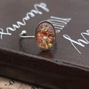 Fire Opal Glass Ring Adjustable Gold Orange Iridescent Statement